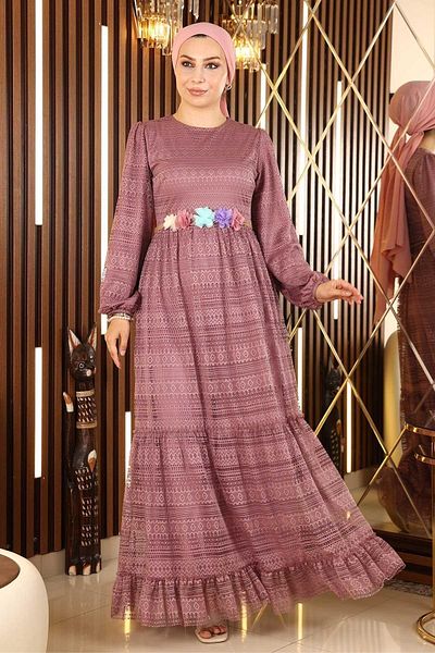 Modamihram Lace Belt Floral Dress Dusty Rose 10242