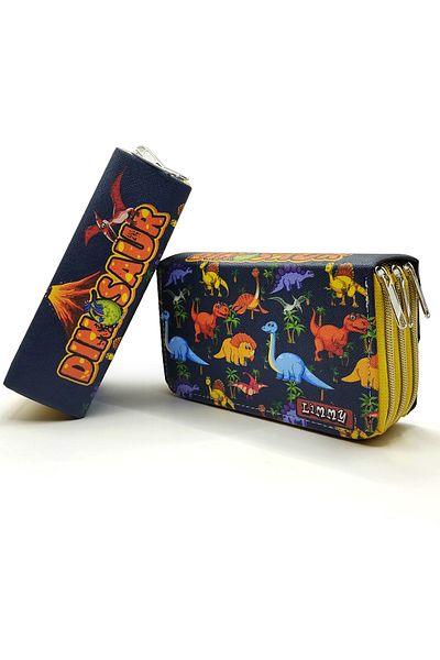 Limmy Μολυβοθήκη Dinosaur Dinosaur Pattern Kawai Organizer Vegan Δερμάτινη θήκη για στυλό τριών θέσεων - Κίτρινο