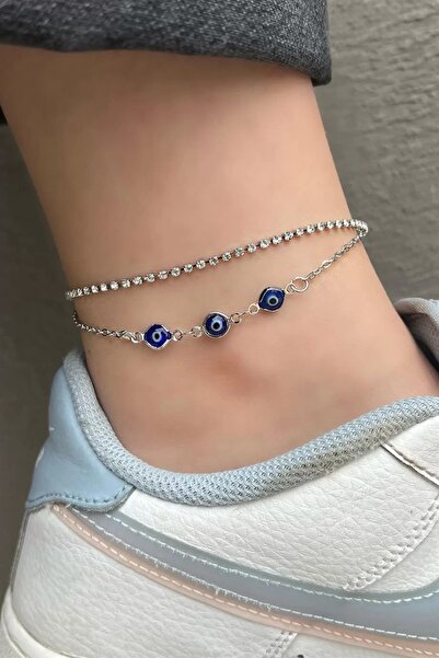 Bellinzona Gümüş Renk Nazar Boncuğu Figürlü İkili Zincirli Halhal