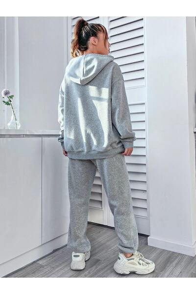 CLAYES Set trening Hanorac Jogger - Gri Imprimat Oversize Glugă cu șnur