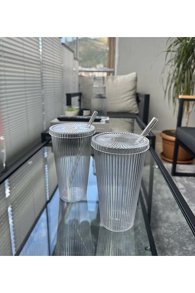 Şener collection 2 Pieces 600 ml Origami Style Cup with Mica Lid and Straw|Presentation Cup Soft Drink Cup| Glass View