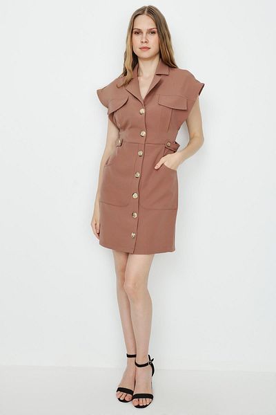 Select Moda Women's Camel Woven Button Detailed Shirt Dress