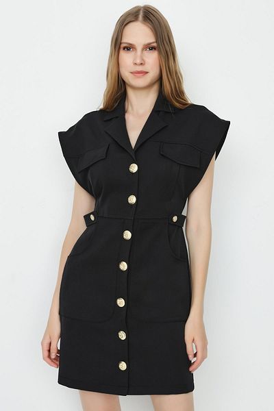 Select Moda Rochie cămașă cu nasturi țesute negre de damă