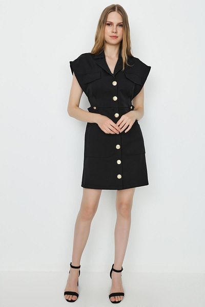 Select Moda Rochie cămașă cu nasturi țesute negre de damă