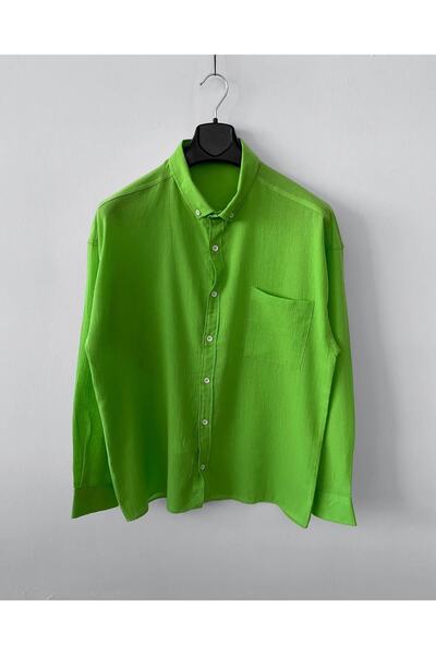 NO1 KONSEPT Ανοιχτό πράσινο λινό πουκάμισο Oversize με μακριά μανίκια τσέπες