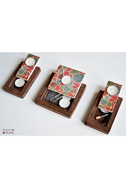 Ahşap Üzeri Travertenden Mumluk Takımı 10x10cm (1 adet) ve 4,8x10cm (2 adet) - 107.1