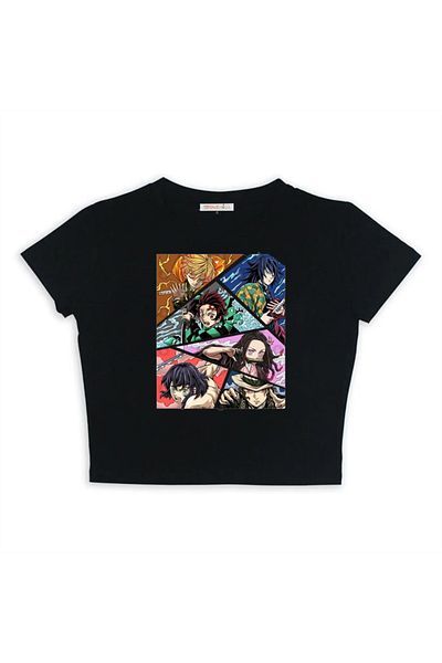Touz Eyl Anime Deoman Slayer Collage Printed Black Crop