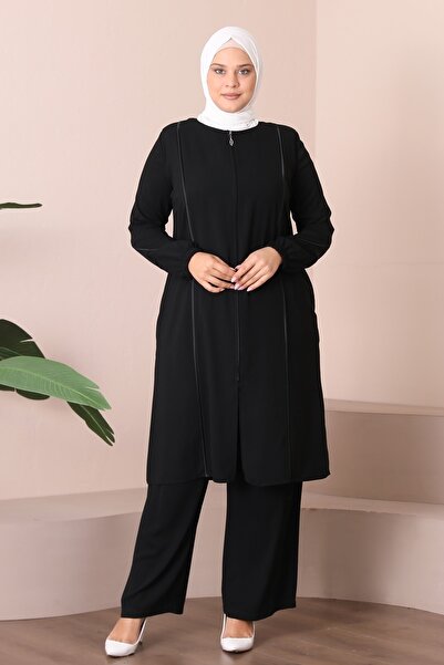 JALİA WOMEN'S LARGE SIZE FINE WOVEN FABRIC BLACK TROPHY DETAIL ZIPPERED CAP