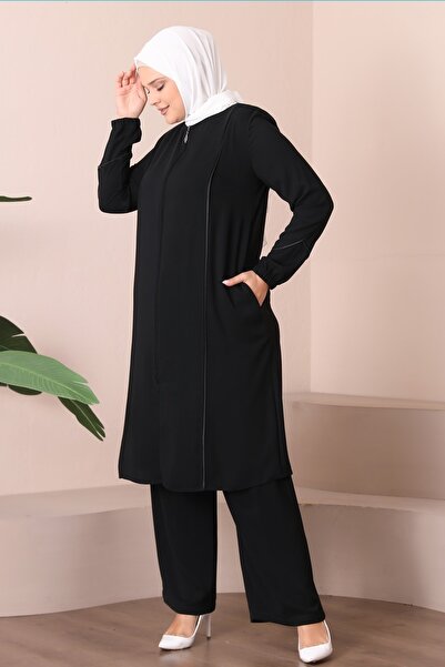 JALİA WOMEN'S LARGE SIZE FINE WOVEN FABRIC BLACK TROPHY DETAIL ZIPPERED CAP