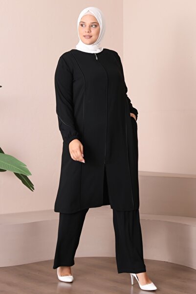 JALİA WOMEN'S LARGE SIZE FINE WOVEN FABRIC BLACK TROPHY DETAIL ZIPPERED CAP