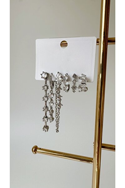 Alâ Atelier beyaz taşlı sallantılı 6'lı kombin set küpe