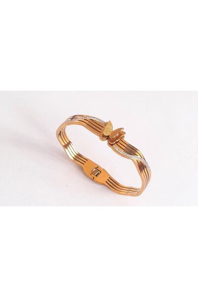 nilüfer takı tasarım Zirkon Taşlı Gold Kelebekli Çelik Kelepçe Bileklik