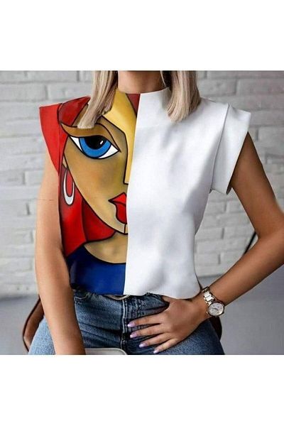 Design Show Collar Short Sleeve Crepe Women's T-Shirt