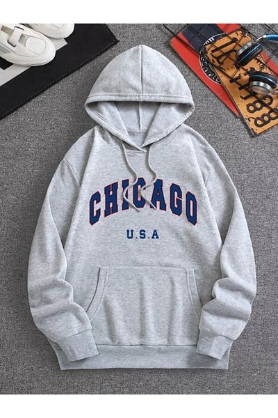 trendgar Gray Hooded Chicago Printed Sweatshirt - 1g