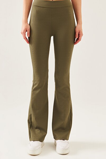 schlank Γυναικείο κολάν χακί ψηλόμεσο με κορδόνια