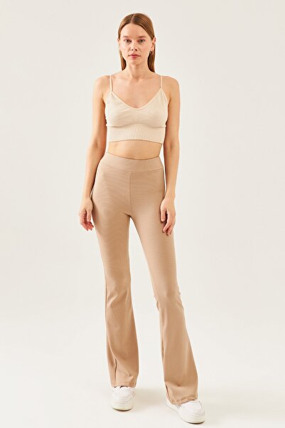 schlank Γυναικείο κολάν με ψηλόμεσο κορδόνι σε πέτρινο χρώμα