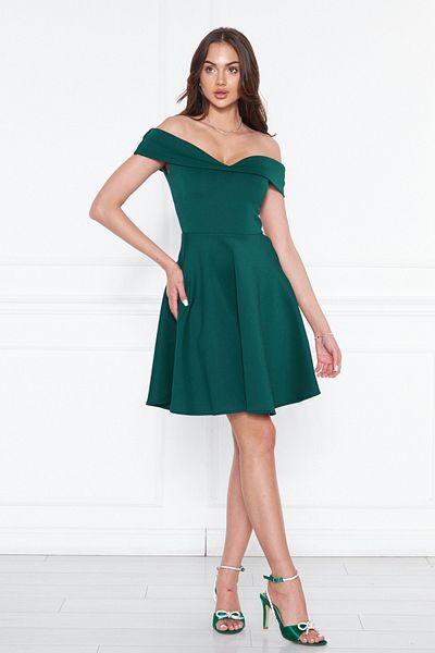 NO48 Μίνι φουσκωτό φόρεμα με λαιμόκοψη Emerald Sweetheart με ελαστικό ύφασμα κατάδυσης