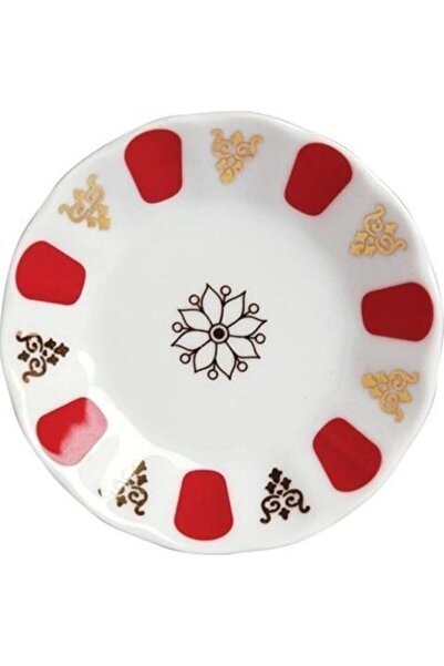 Porland Porselen Kırmızı Beyaz Kahveci Otantik Çay Tabağı 12'li Geniş Taban