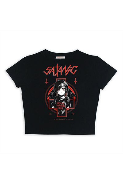 Touz zolid wear - Gothic Satanic Girl Printed Black Crop Top