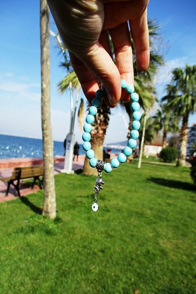 Kusakli Turquoise Natural Stone Women's Bracelet with Evil Eye Beads and Small Elephant Figure