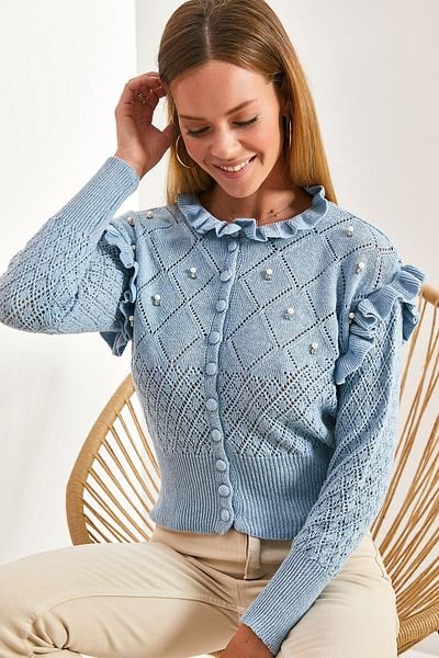 Bianco Lucci Durchbrochener, mit Perlen und Steinen bestickter Strick-Cardigan für Damen