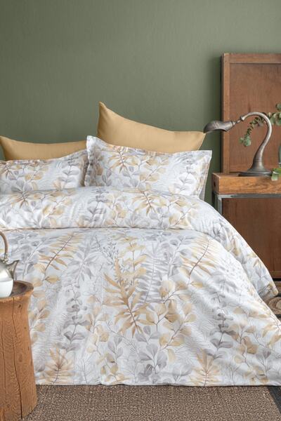 İssimo Home طقم غطاء لحاف مزدوج من الساتان القطني 100% باللون البيج