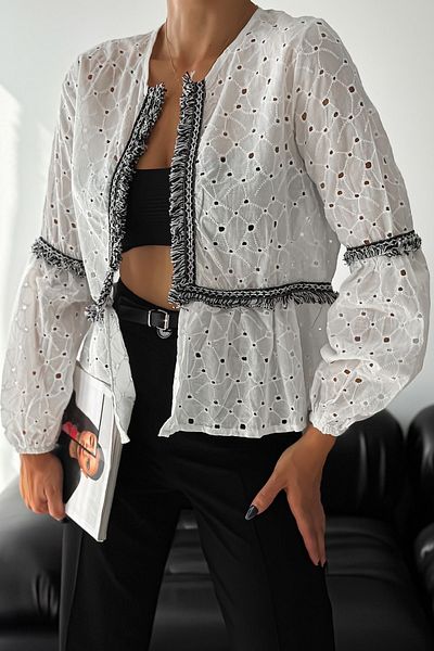 FEMELLE Women's White Tasseled Scallop Embroidery Cotton Jacket