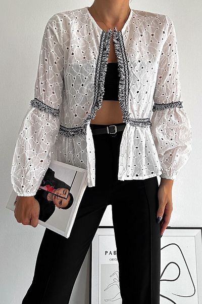 FEMELLE Women's White Tasseled Scallop Embroidery Cotton Jacket