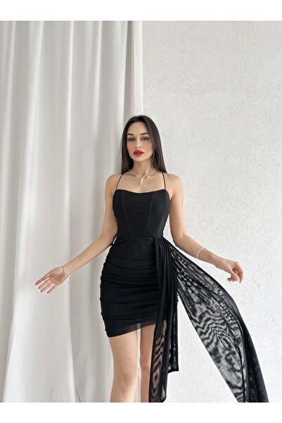 Afiş Butik Siyah Askılı Sırt Dekolteli Drapeli Elbise