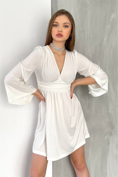 Bella Breeze Kadın Kruvaze Yaka Uzun Kollu Etek Detayı Volanlı Örme Abiye Elbise