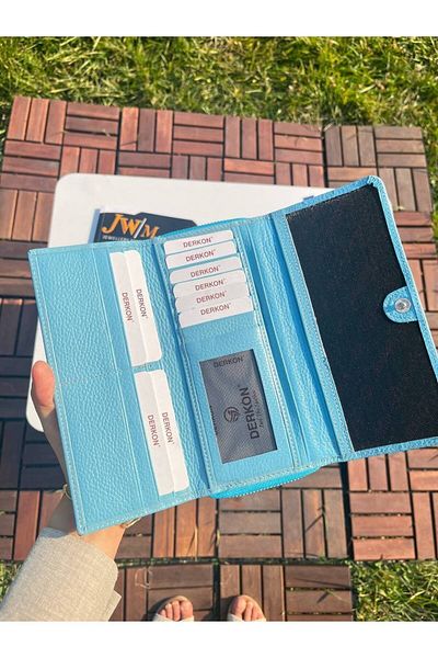 DERKON Genuine Leather Useful Women's Wallet Light Blue