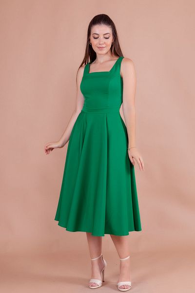 NO48 Green Square Collar Thick Strap Midi Dress