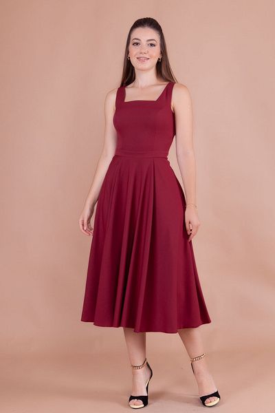 NO48 Claret Red Square Collar Thick Strap Midi Dress