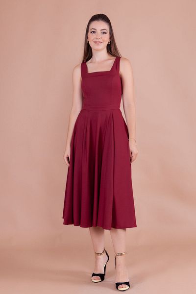 NO48 Claret Red Square Collar Thick Strap Midi Dress
