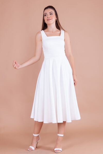 Genel Markalar Kadın Kare Yaka Kalın Askılı Midi Boy Elbise