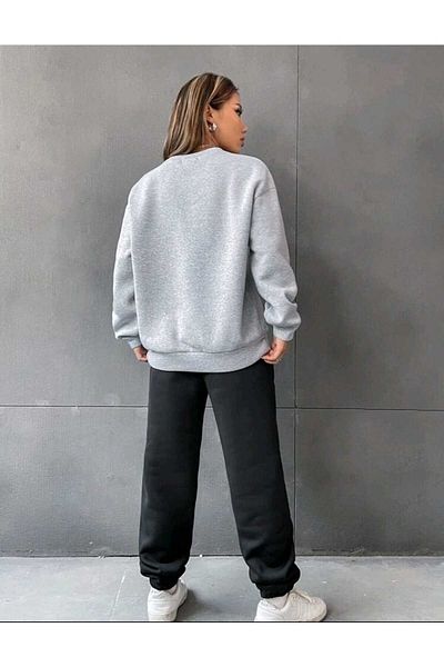 FAVORİST Brooklyn Printed Bottom Top Set Cotton Sports Crew Neck Sweatshirt And Elastic Sweatpants