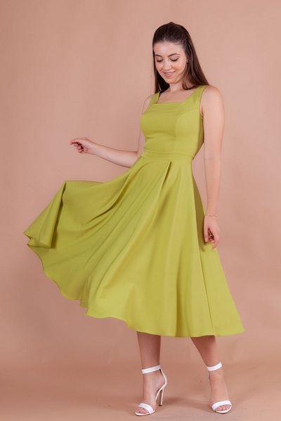 NO48 Pistachio Green Square Collar Thick Strap Midi Dress