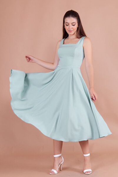 NO48 Mint Yeşili Kare Yaka Kalın Askılı Midi Boy Elbise