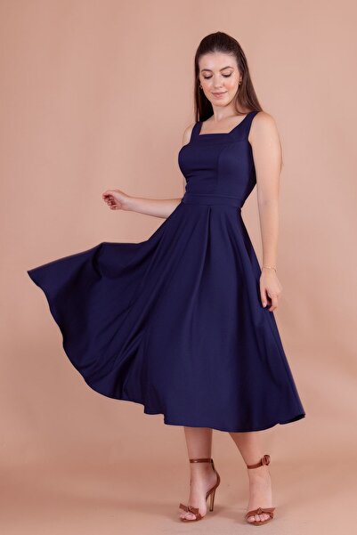 NO48 Lacivert Kare Yaka Kalın Askılı Midi Boy Elbise