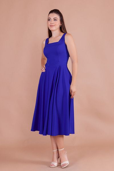 NO48 Sax Blue Square Collar Thick Strap Midi Dress