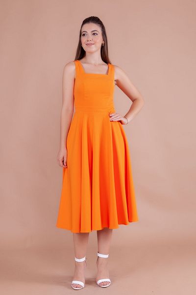 NO48 Thick Strap Orange Midi Dress - Square Collar