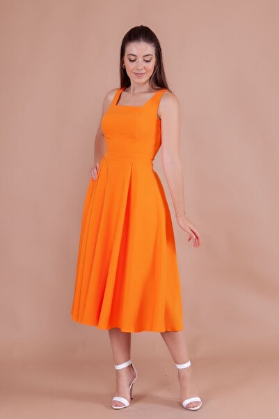 NO48 Πορτοκαλί Μίντι Φόρεμα Χοντρό λουράκι - Τετράγωνος Γιακάς