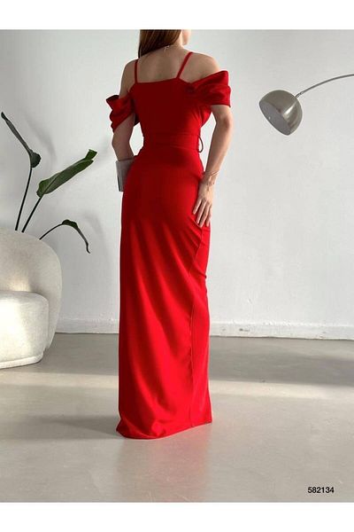 rengafashion Rochie de seară din țesătură creponată importată pentru femei, cu umăr roșu, cu curea și detaliu cu fantă în față
