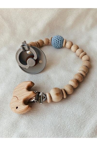 GOER STORE Natural Wooden Blue Knitted Detailed Natural Wooden Pacifier Chain - Pacifier Hanger - Baby Gift