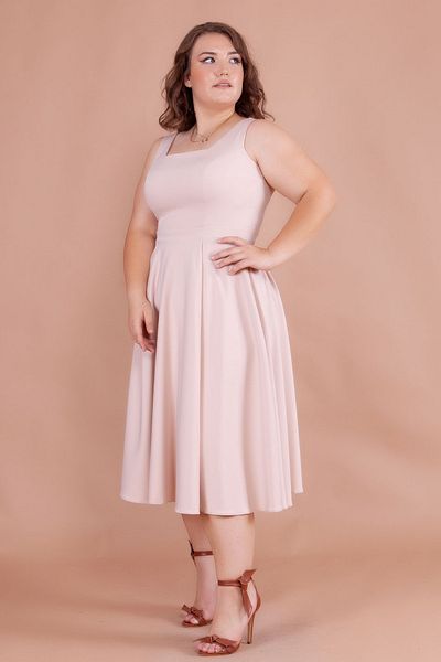 NO48 Cream Square Collar Thick Strap Large Size Midi Dress