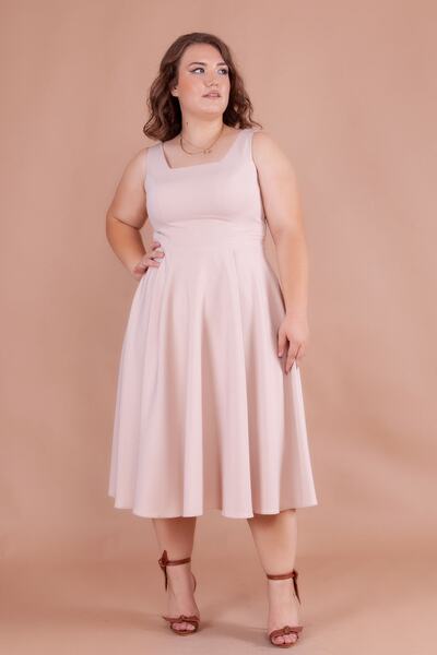 NO48 Cream Square Collar Thick Strap Large Size Midi Dress