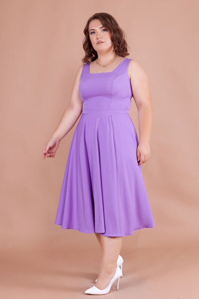 NO48 Φόρεμα μίντι μεγέθους με λιλά τετράγωνο γιακά και χοντρά λουριά