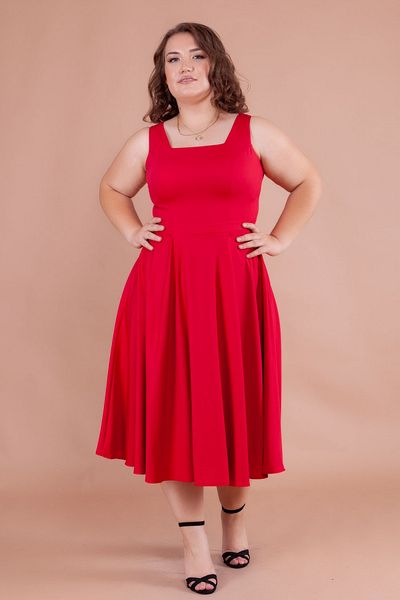 NO48 Red Square Collar Thick Strap Large Size Midi Dress