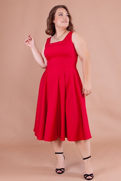 NO48 Red Square Collar Thick Strap Large Size Midi Dress