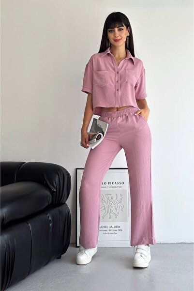 Bella Breeze Women's Linen Double Pocket Buttoned Crop Shirt Elastic Palazzo ...